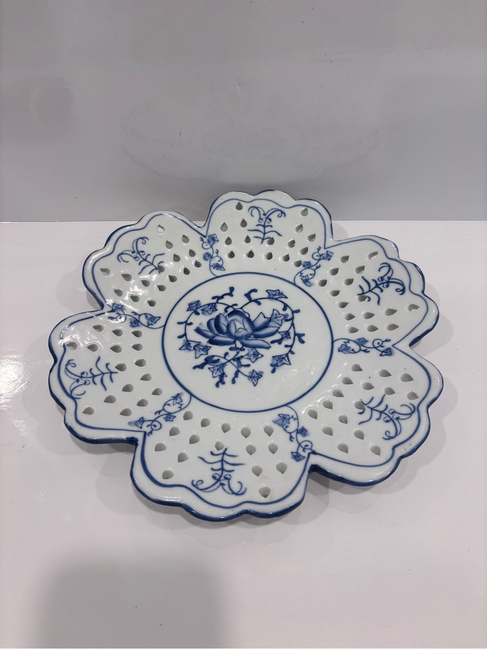 Vintage Portuguese Hand-Painted Pierced Fruit Bowl